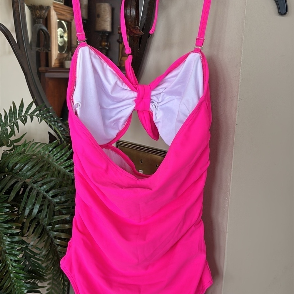Brand New Tempt Me Hot Pink Tie Up Halter One-Piece Swimsuit Cutout Ruched Retro - Picture 10 of 16